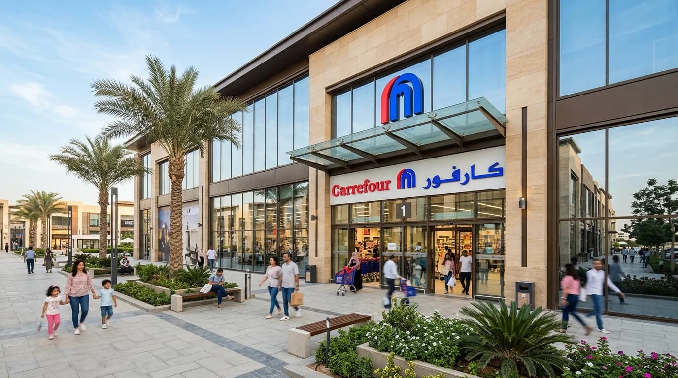 مدخل وواجهة هايبر ماركت كارفور داخل منطقة تَجِد في كمبوند تاج سيتي القاهرة الجديدة